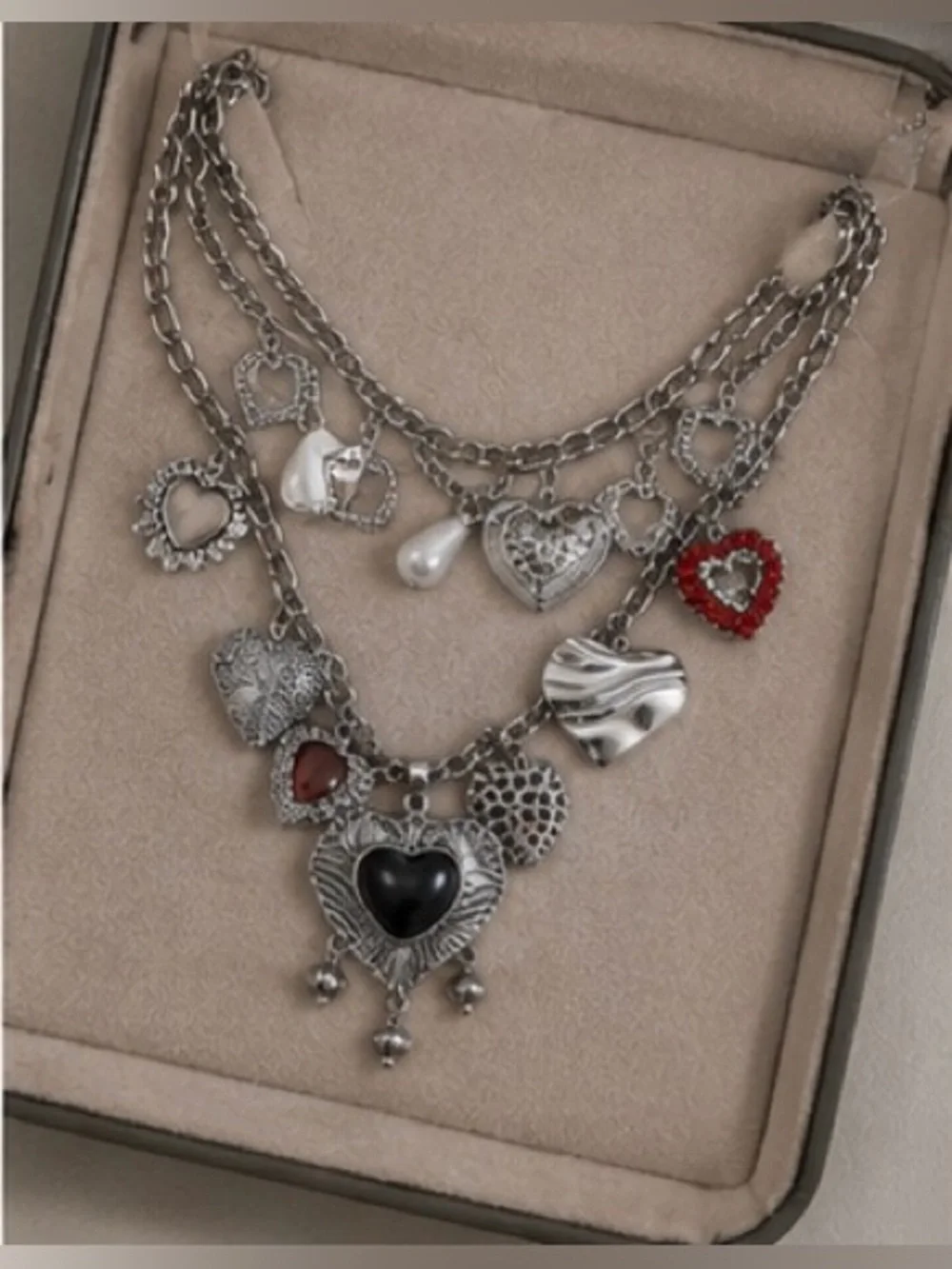 Silver Heart Multi-Charm Necklace with Red and Black Accents